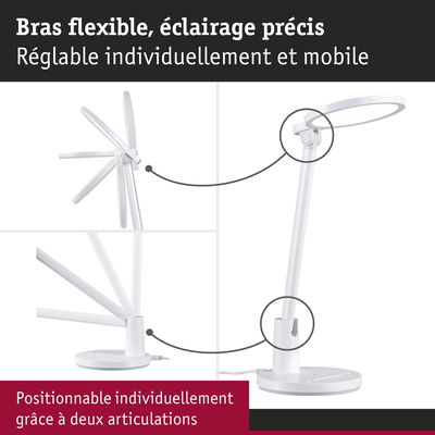 Lampe de bureau LED blanche avec bras flexible et deux articulations pour un éclairage précis