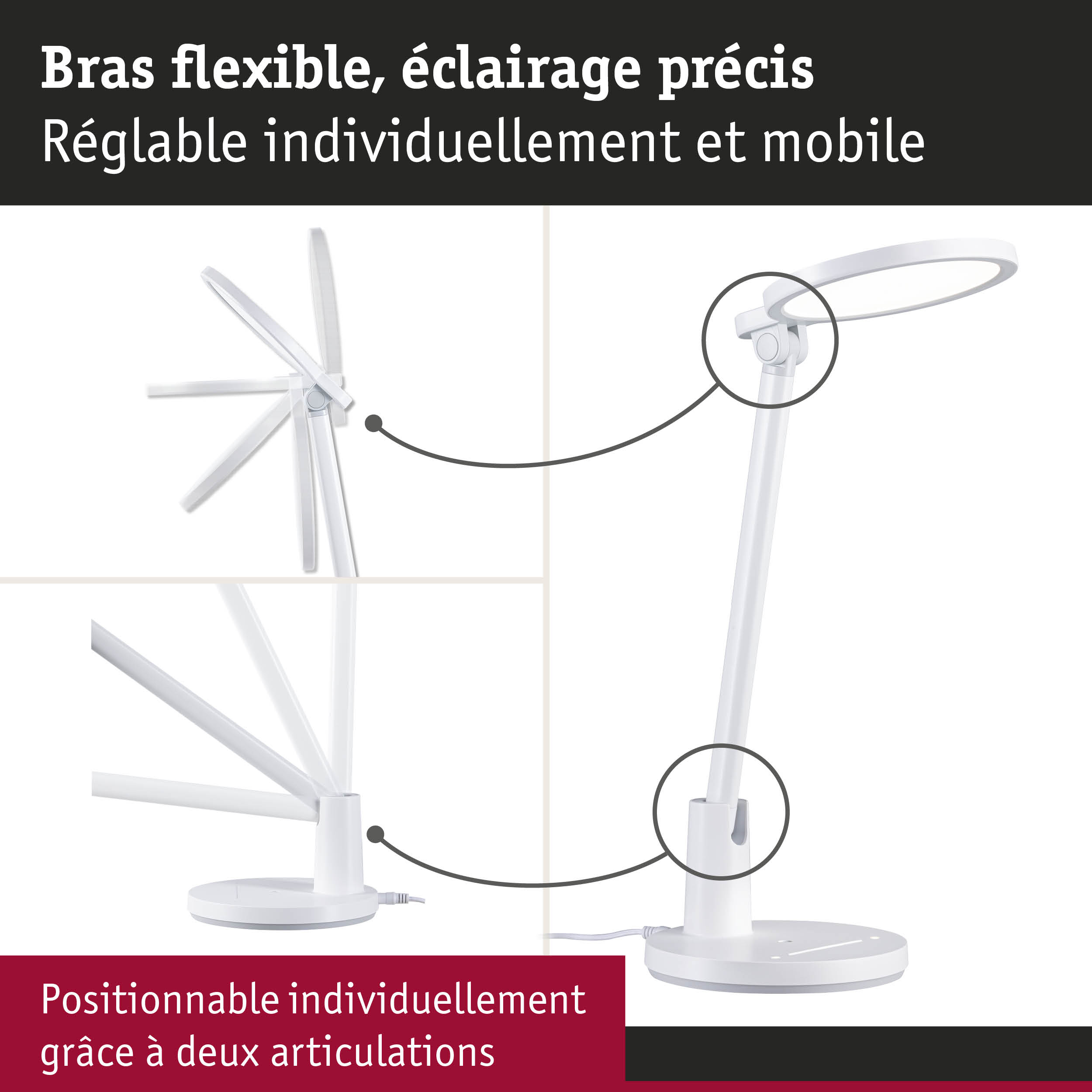 Lampe de bureau LED blanche avec bras flexible et éclairage précis, réglable individuellement