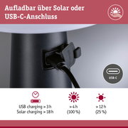 Schwarzer Ladeanschluss mit USB-C-Kabel, aufladbar über Solar oder USB-C, Ladezeiten und Akkustatus erklärt