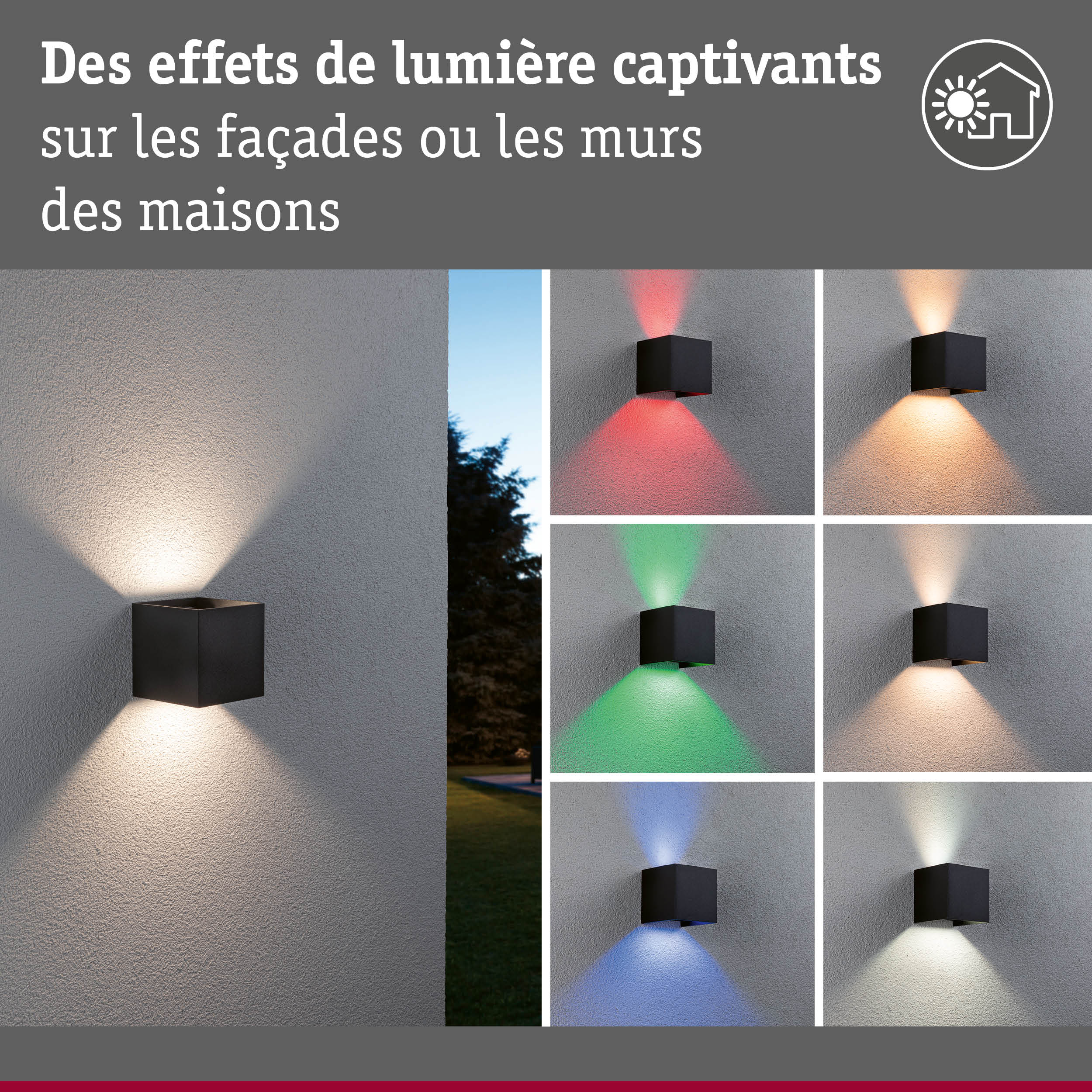 Applique murale noire en métal avec effets lumineux LED colorés pour éclairage de façade