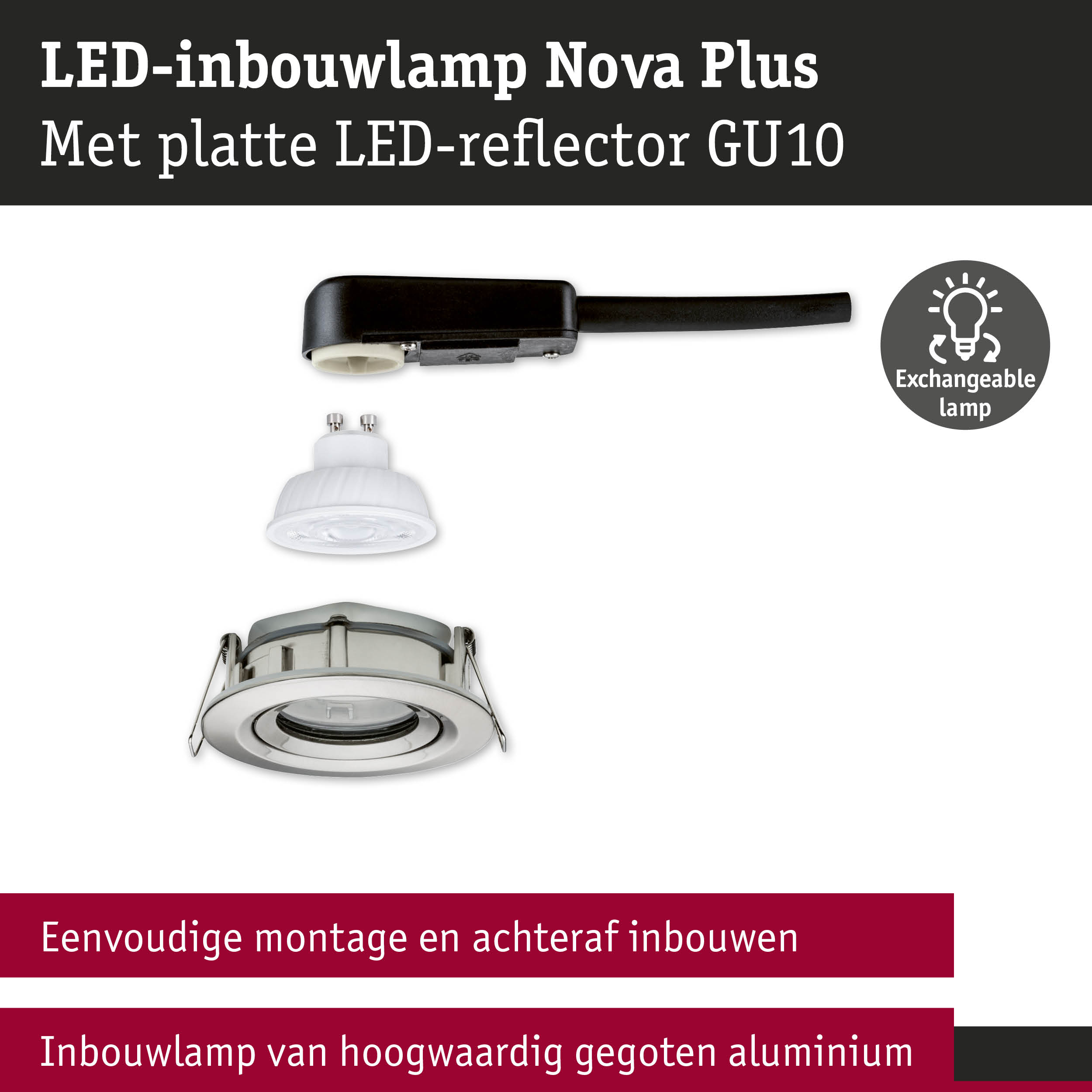 LED-inbouwlamp Nova Plus van hoogwaardig gegoten aluminium met platte GU10 LED-reflector en verwisselbare lamp