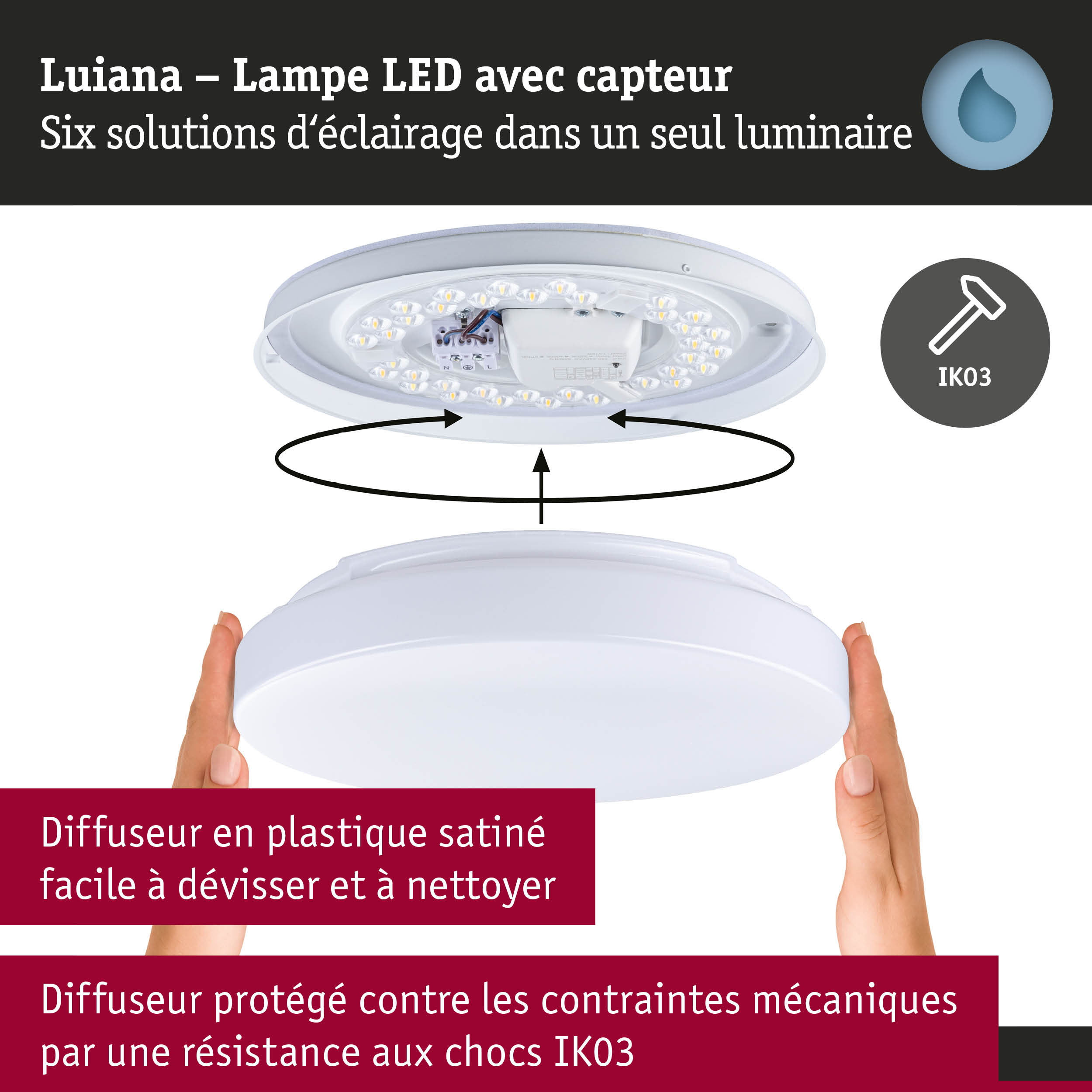 Lampe LED blanche Luiana avec capteur et diffuseur plastique satiné, résistance aux chocs IK03
