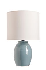 Table lamp with blue ceramic base and white fabric shade for elegant home lighting