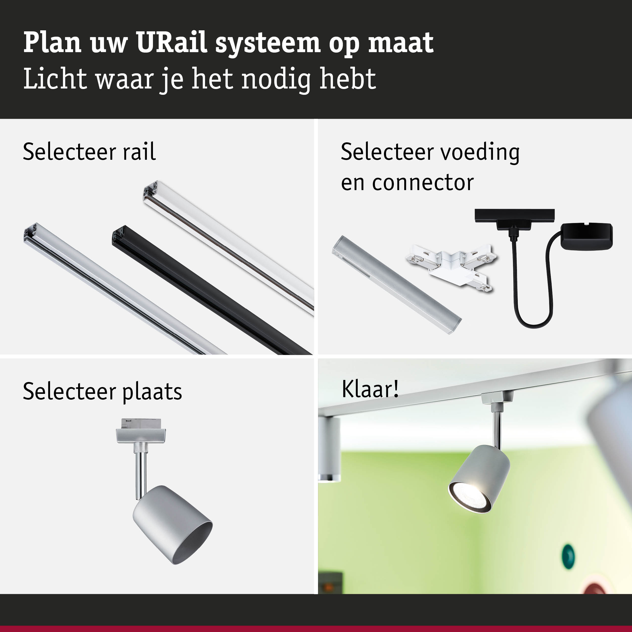 Modulair URail railsysteem met aluminium rails in zwart en wit voor flexibele verlichting