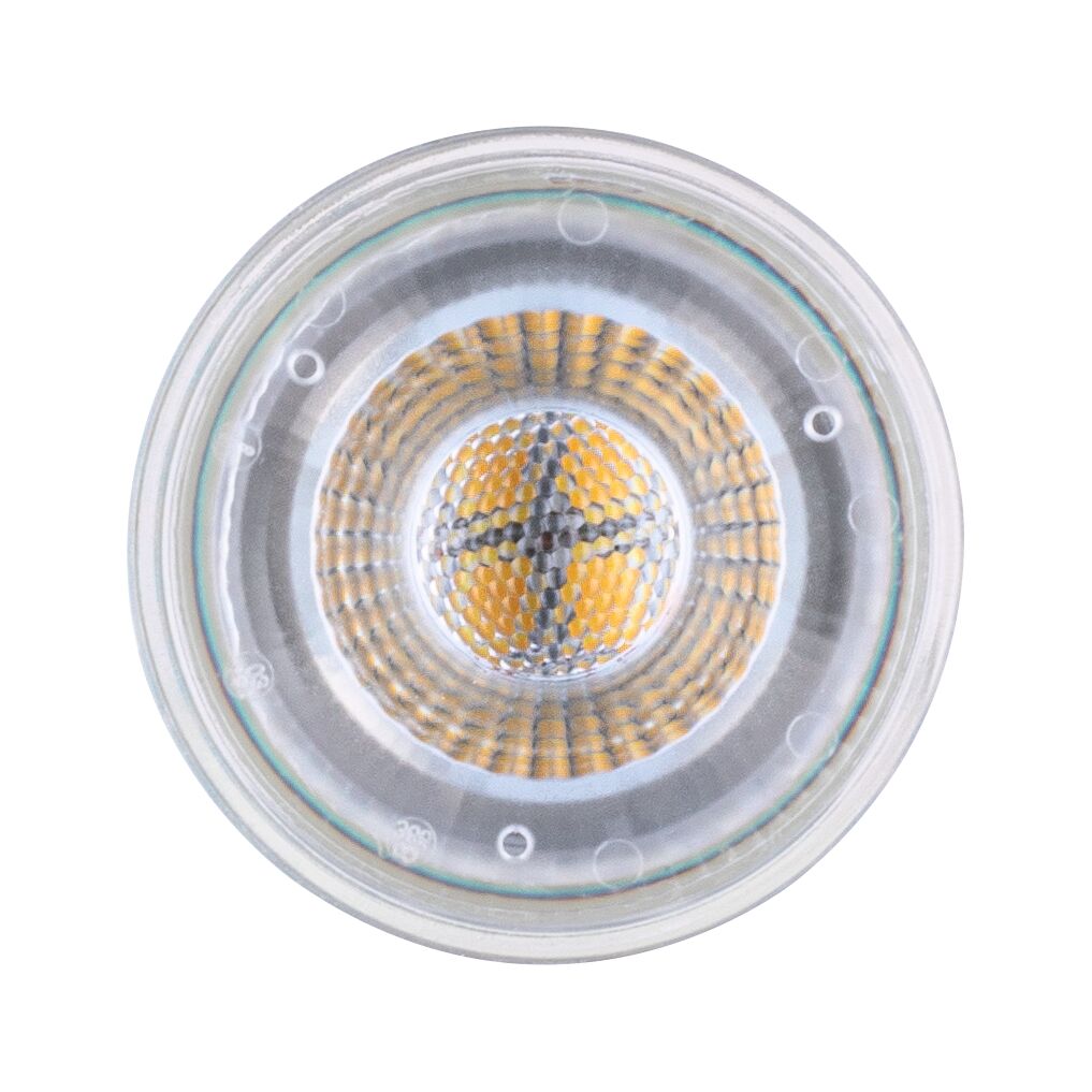 Gros plan d'une lampe LED avec verre transparent et puces LED jaunes pour éclairage économique