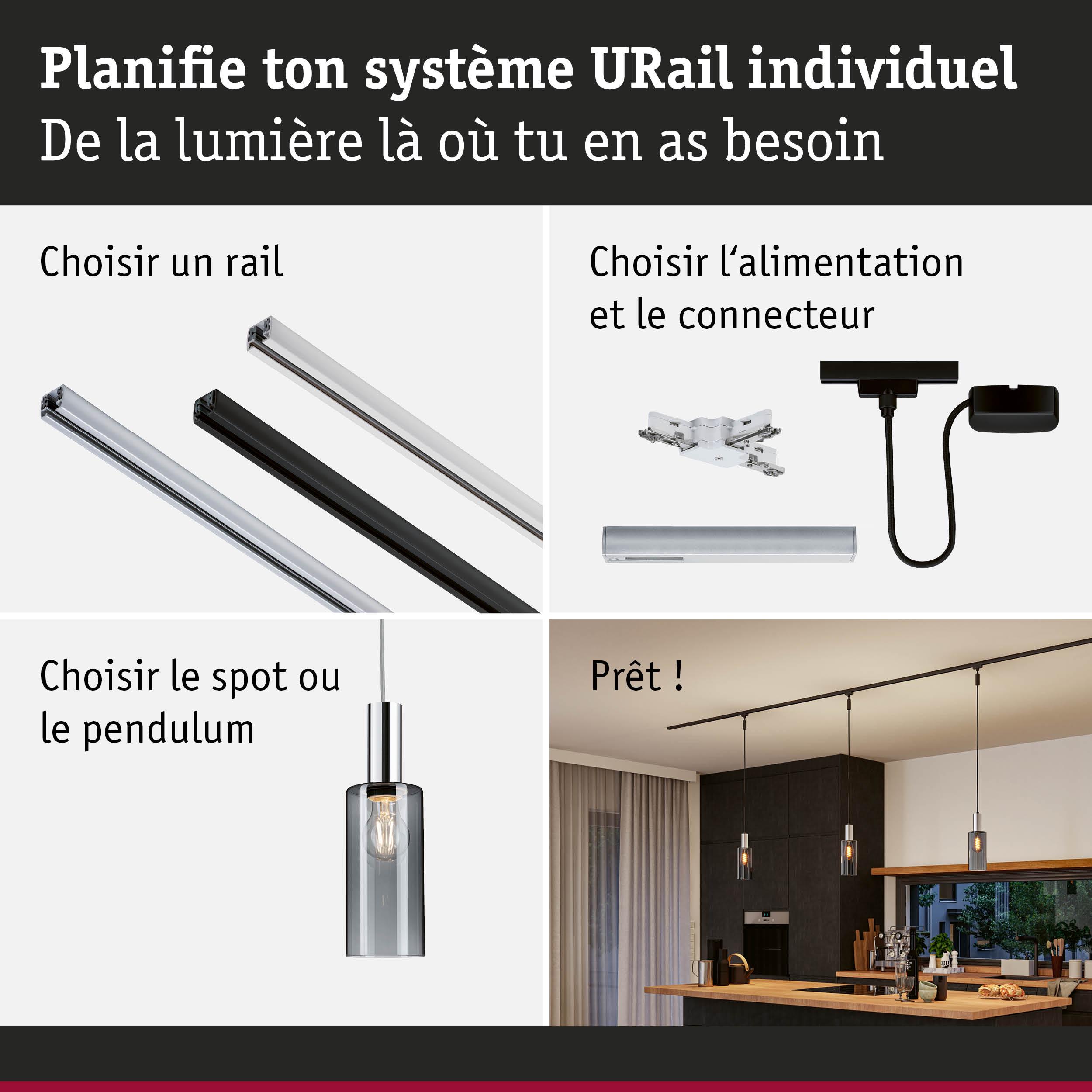 Guide étape par étape pour système d'éclairage URail avec rails, connecteurs et suspension dans cuisine moderne