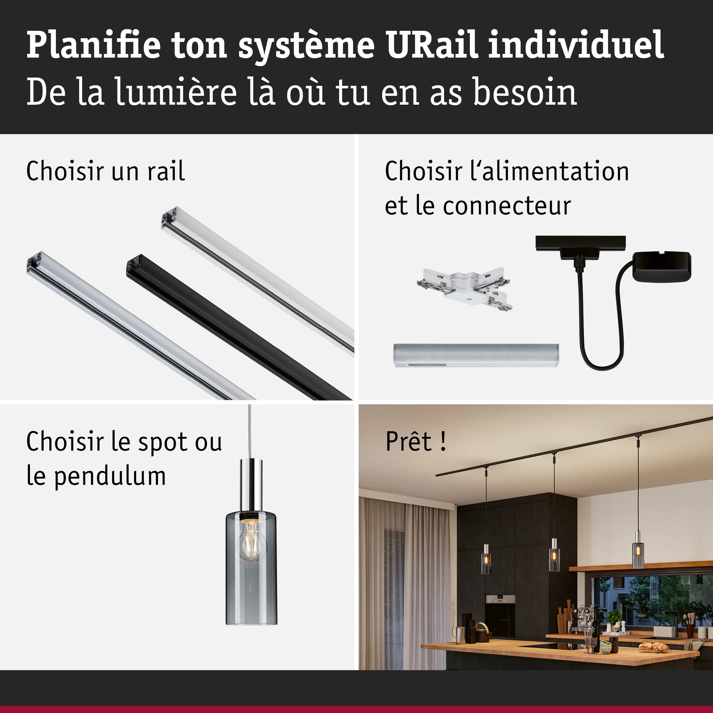 Système modulaire URail avec rails en aluminium noir et blanc pour éclairage LED flexible