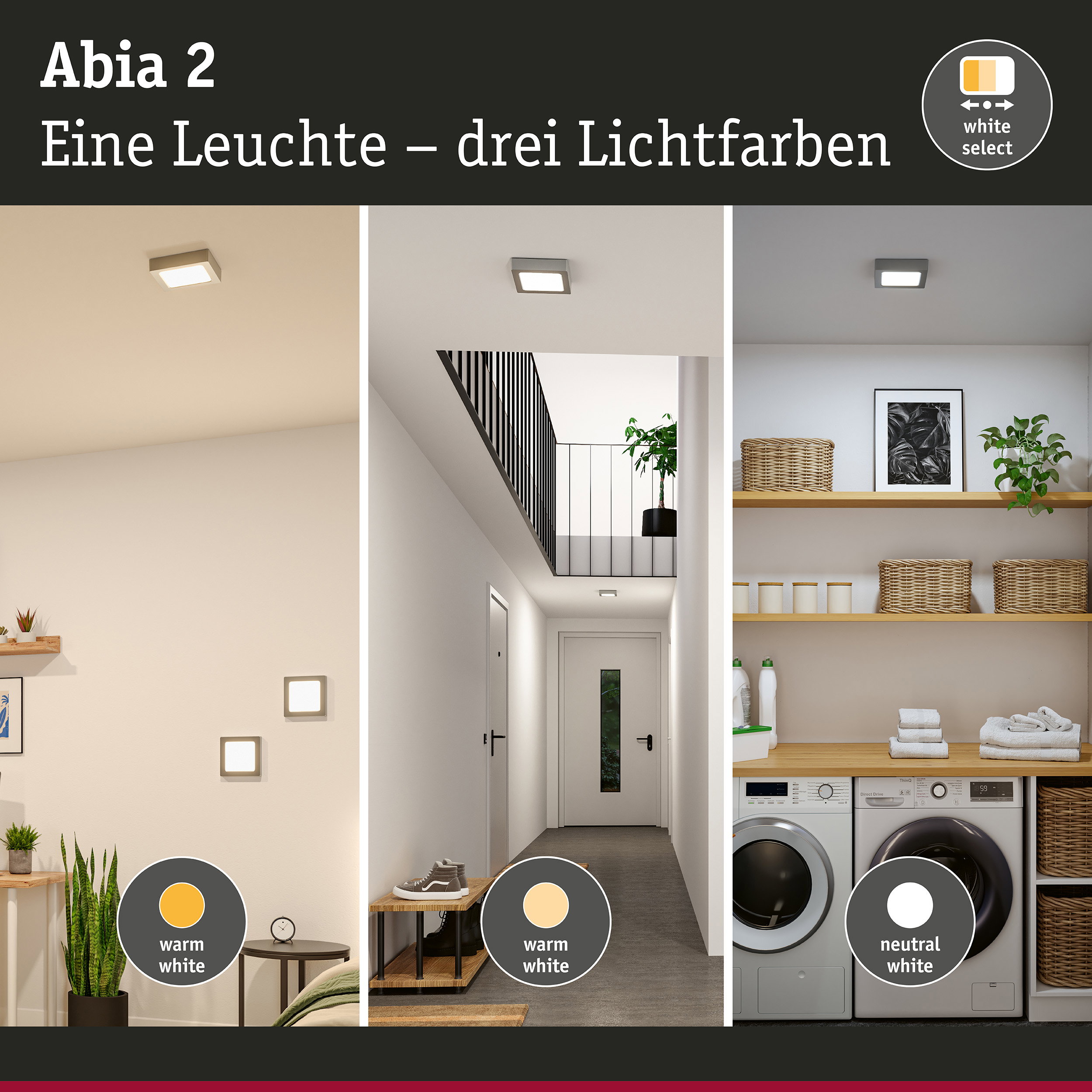 Abia 2 LED-Deckenleuchte in Weiß mit drei Lichtfarben warmweiß, neutralweiß und tageslicht für Wohnräume