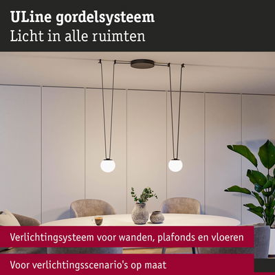 ULine verlichtingssysteem met twee witte bolvormige lampen boven ronde eettafel in moderne kamer
