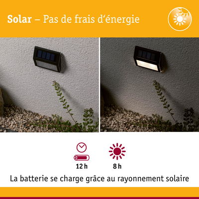 Applique murale solaire noire sur mur gris, allumée de jour et de nuit, éclairage extérieur économique