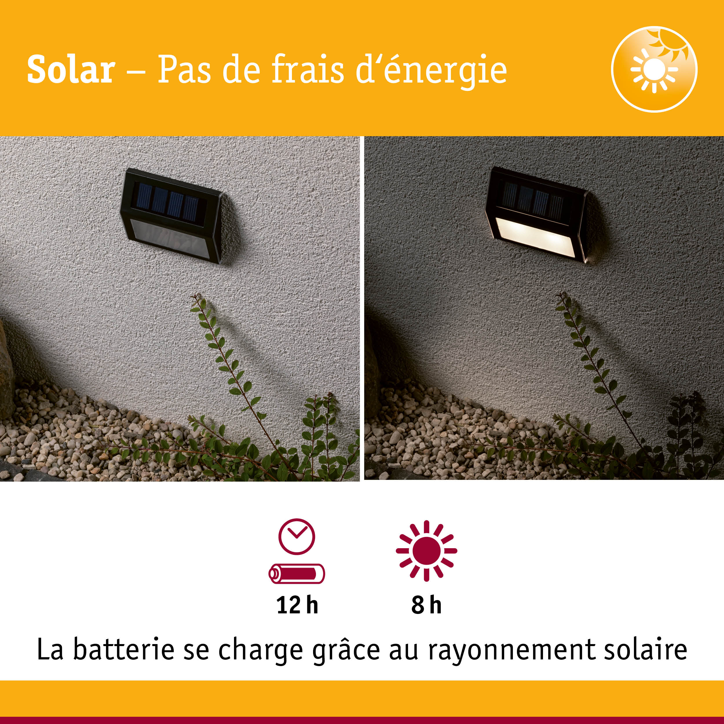 Applique murale solaire noire sur mur gris, vue de jour et allumée la nuit, éclairage extérieur économique
