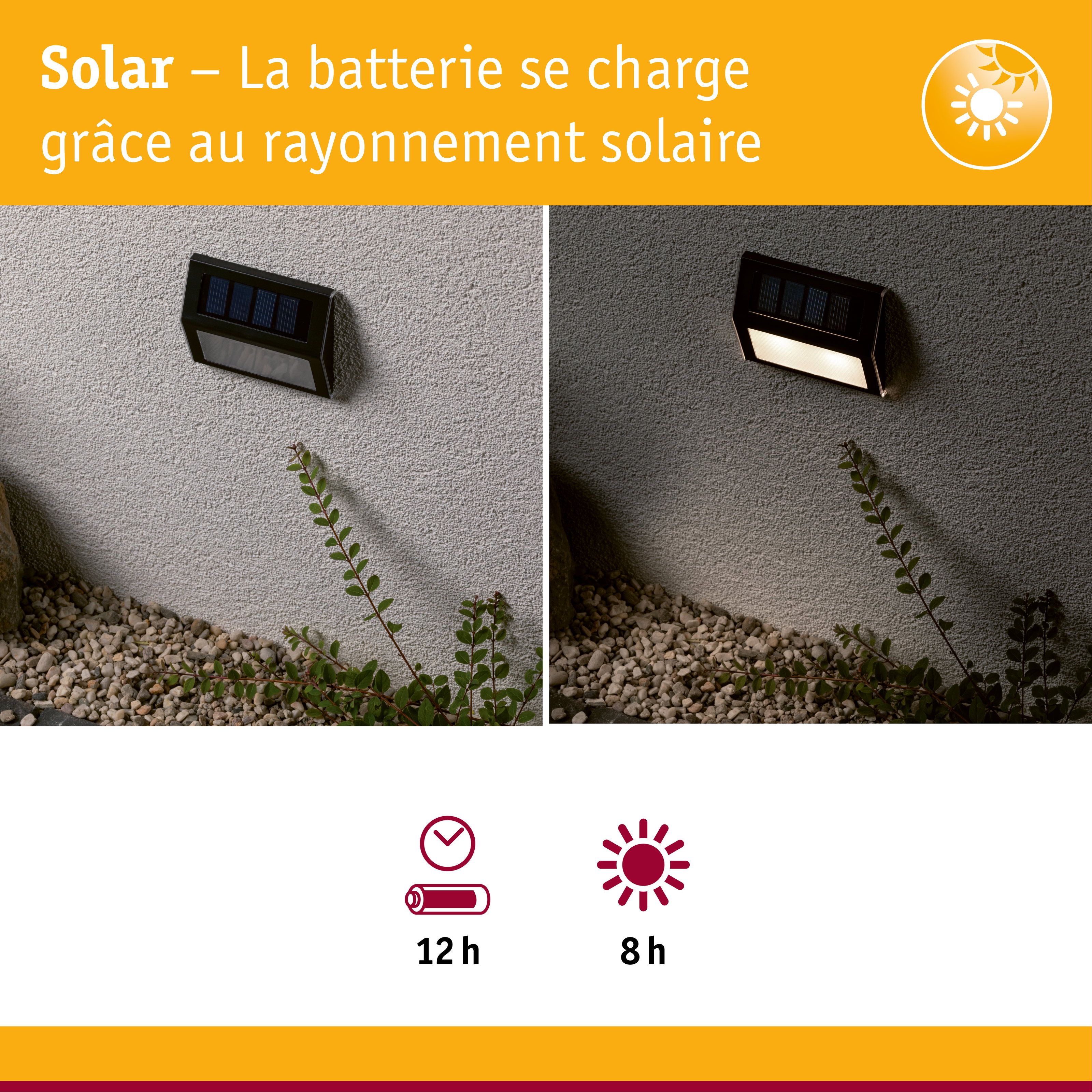 Applique murale solaire noire sur mur gris, vue de jour et allumée la nuit, éclairage extérieur économique