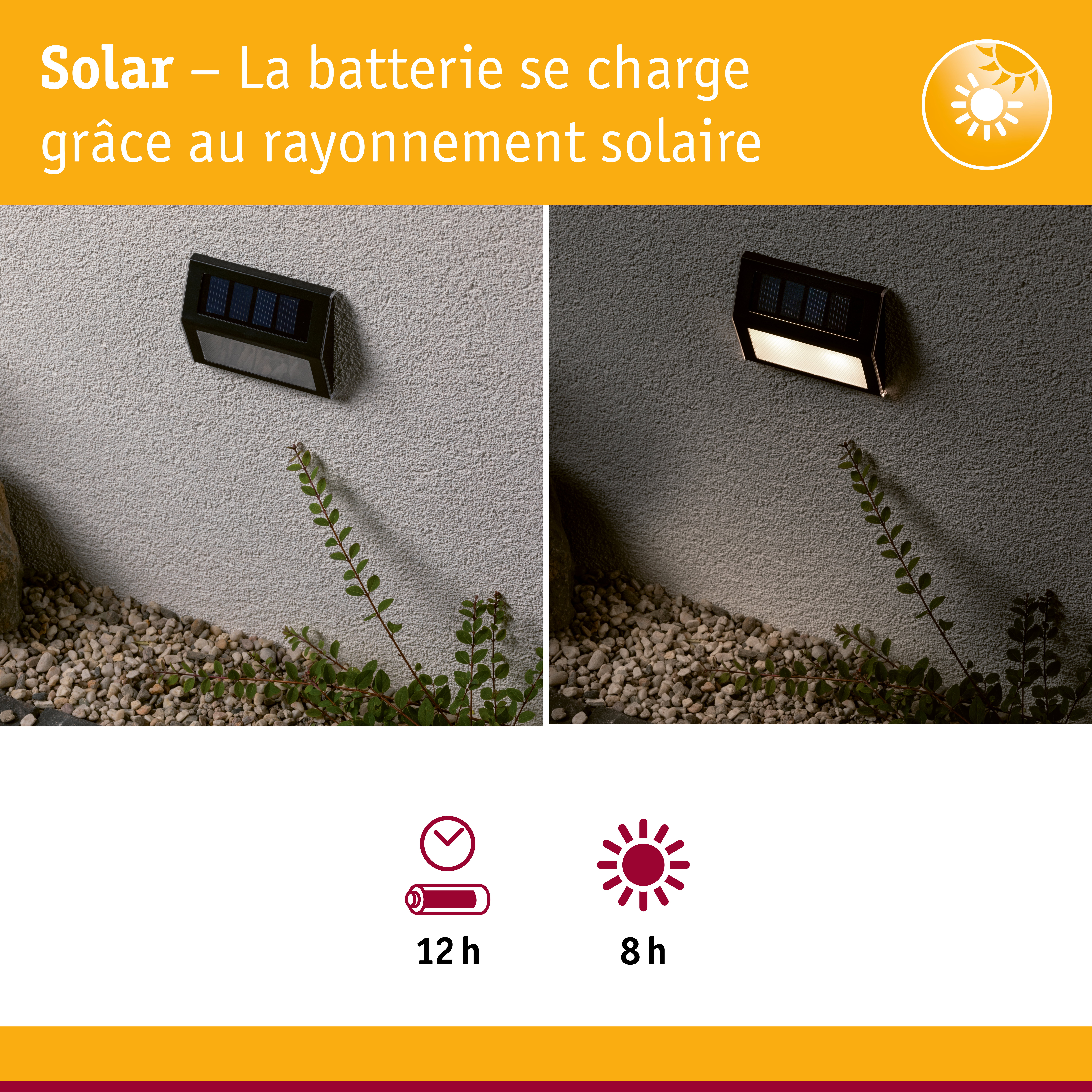 Applique murale solaire noire sur mur gris, vue de jour et allumée la nuit, éclairage extérieur économique