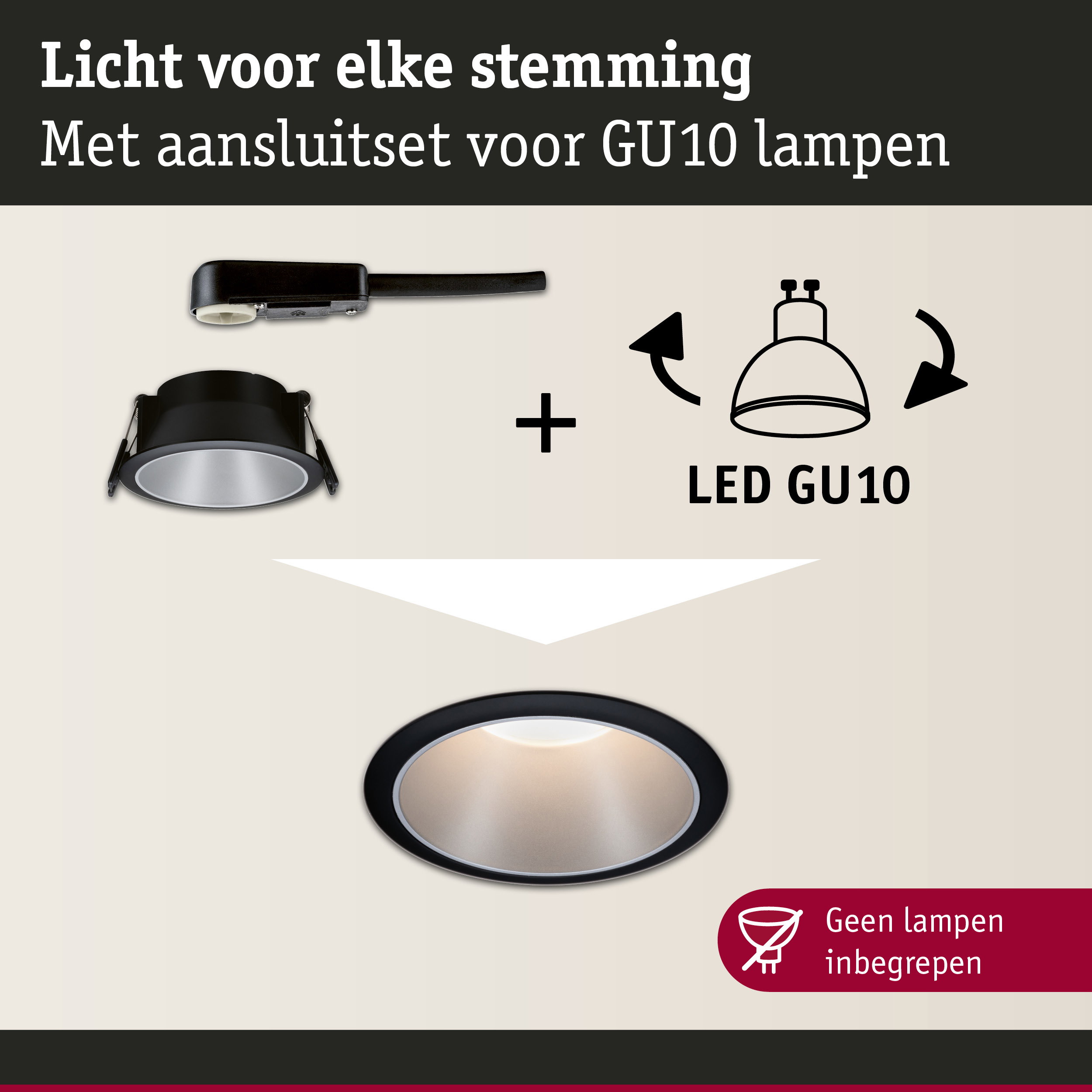 Zwarte inbouwspot met aansluitset voor GU10 LED-lampen, dimbaar voor verschillende sferen