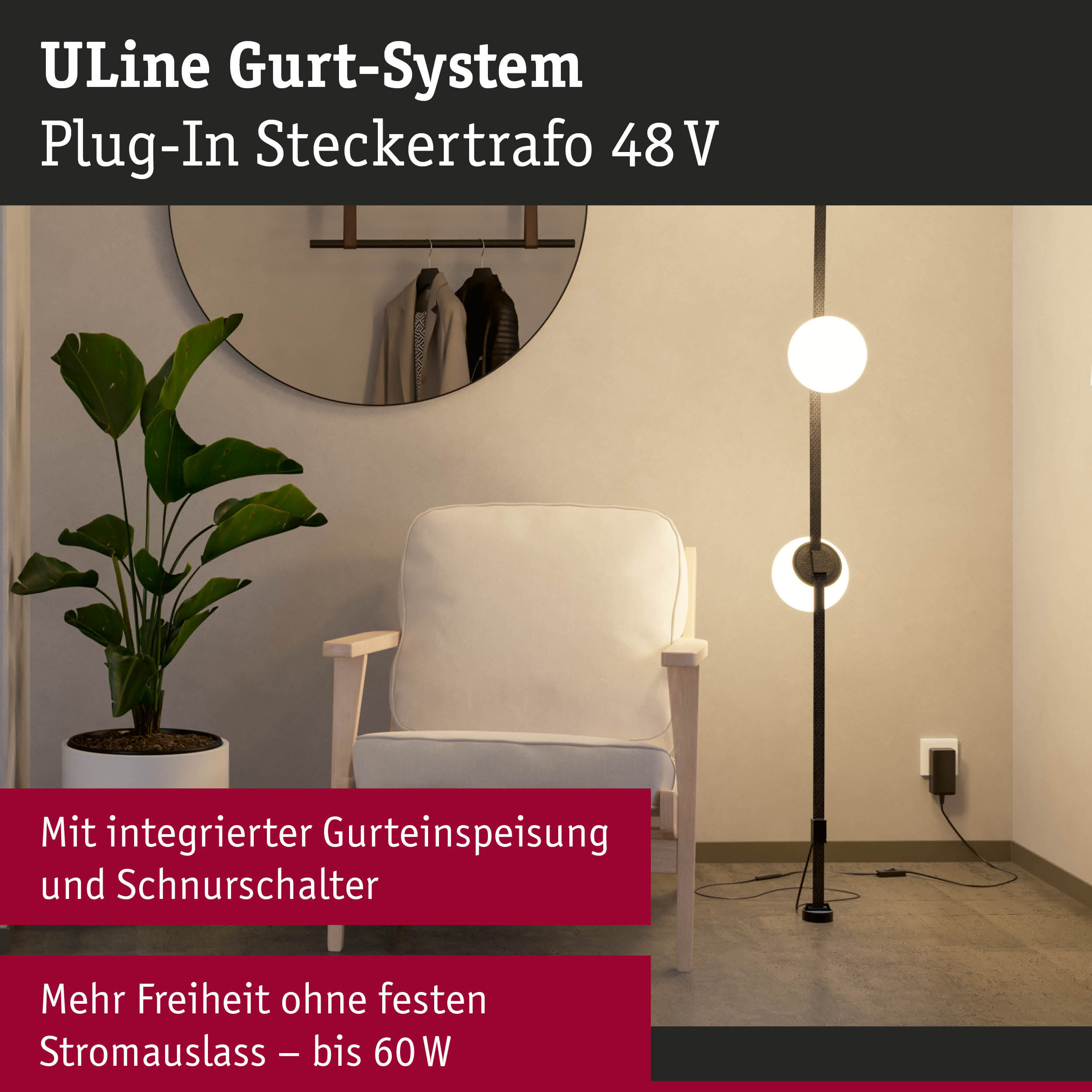 Stehende LED-Lampe mit schwarzem Gestell und zwei weißen Kugelleuchten im modernen Wohnzimmer.