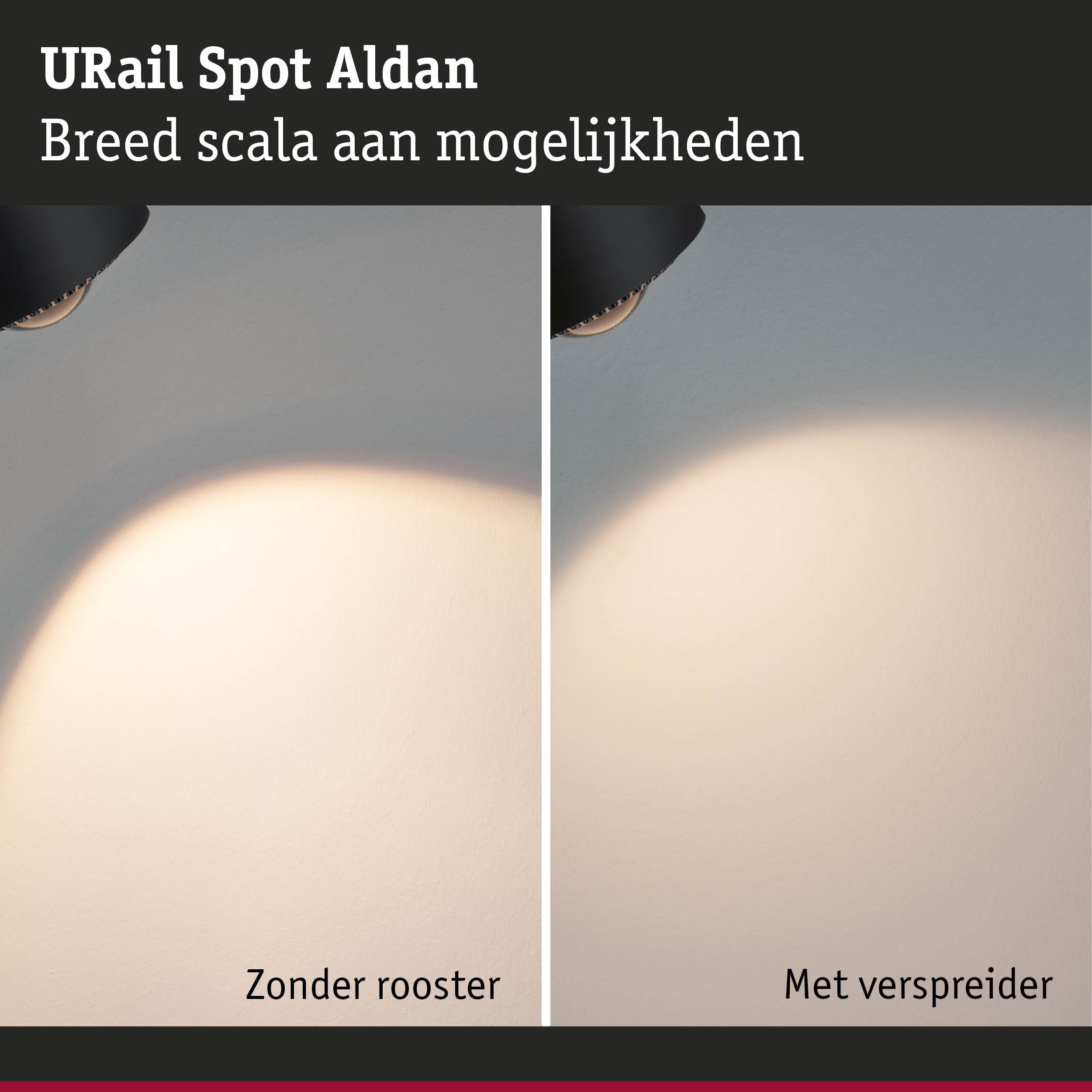 Vergelijking van zwarte URail Spot Aldan LED-spotjes met en zonder lichtverspreider op grijze muur