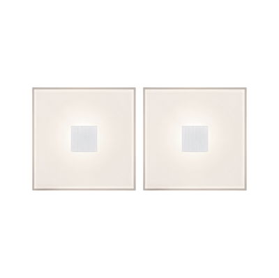 Zwei quadratische Wandlampen mit milchigem Glas und gebürstetem Aluminium in Weiß für moderne Beleuchtung