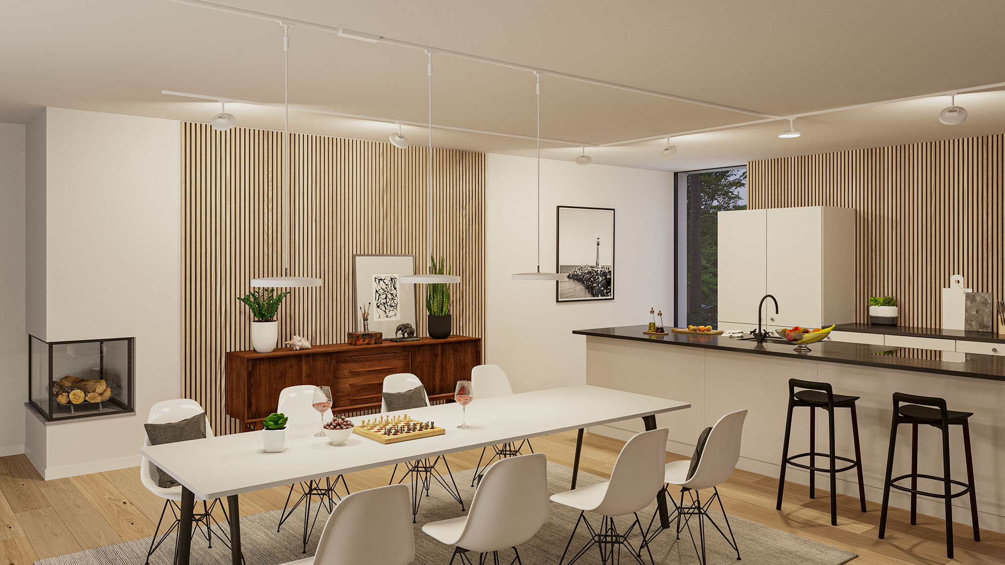 Salle à manger moderne avec table blanche, chaises et panneaux en bois, éclairage LED au plafond