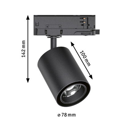 Black metal LED spotlight with 78 mm diameter and 142 mm height for modern indoor lighting
