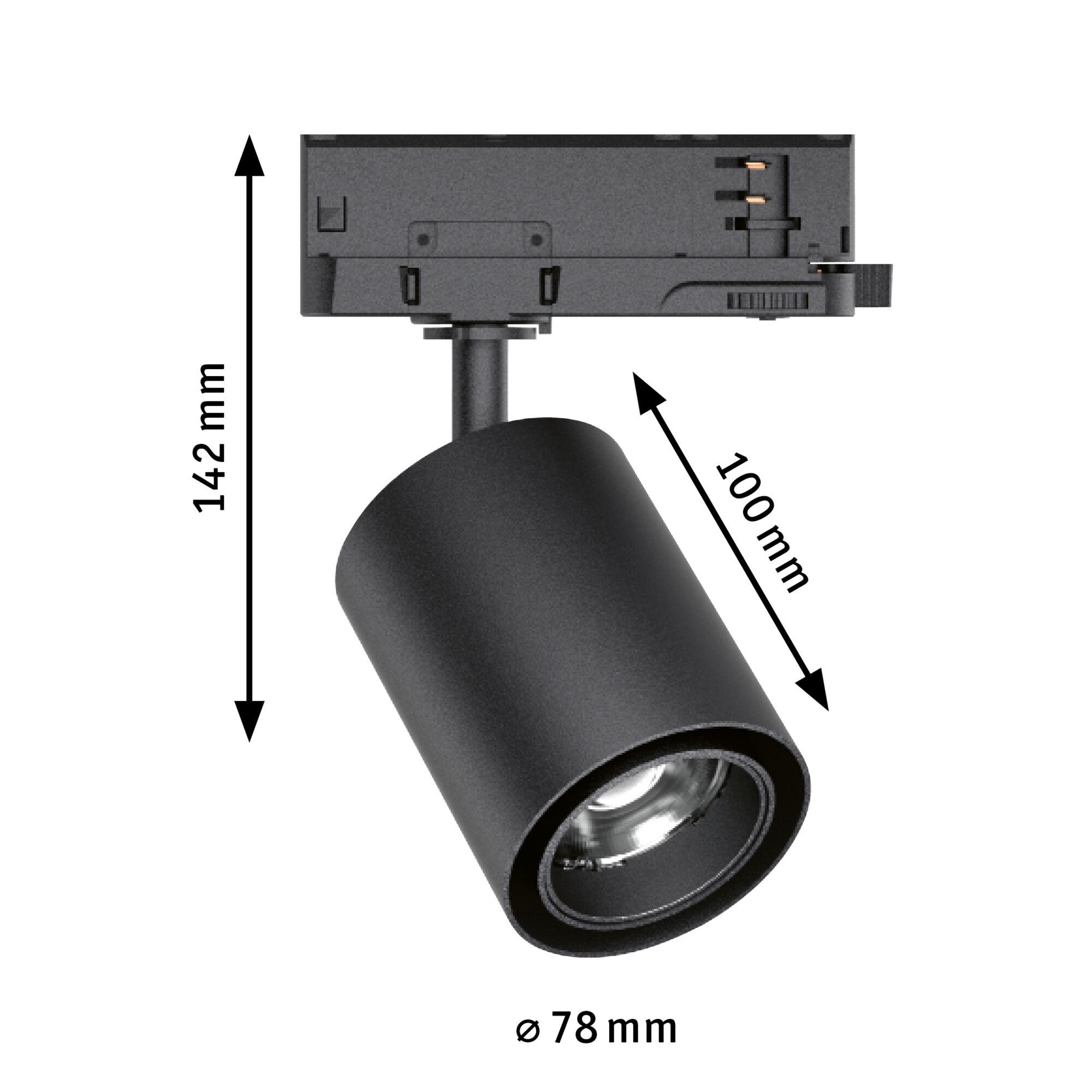 Schwarzer LED-Strahler aus Metall mit 78 mm Durchmesser und 142 mm Höhe für moderne Innenbeleuchtung