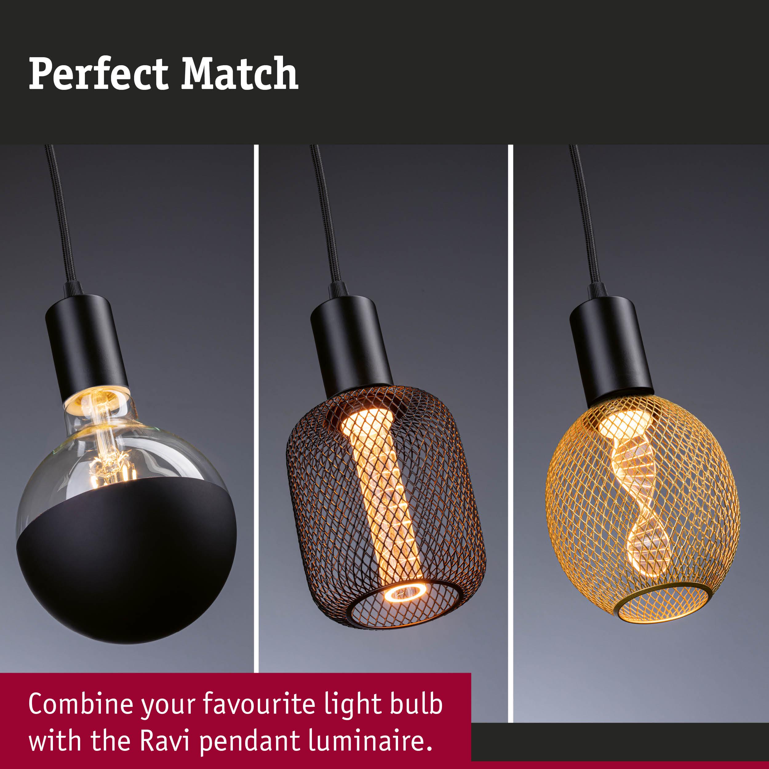 Three modern pendant lights with black and gold metal mesh shades and different light bulbs.