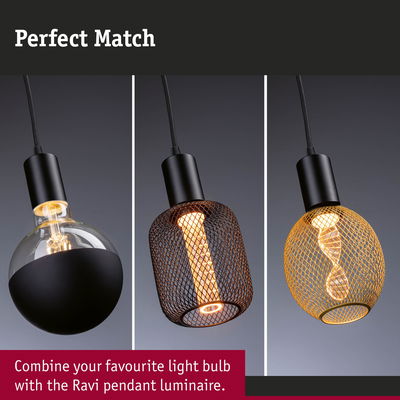 Three modern pendant lights with black and gold metal mesh shades and different light bulbs.