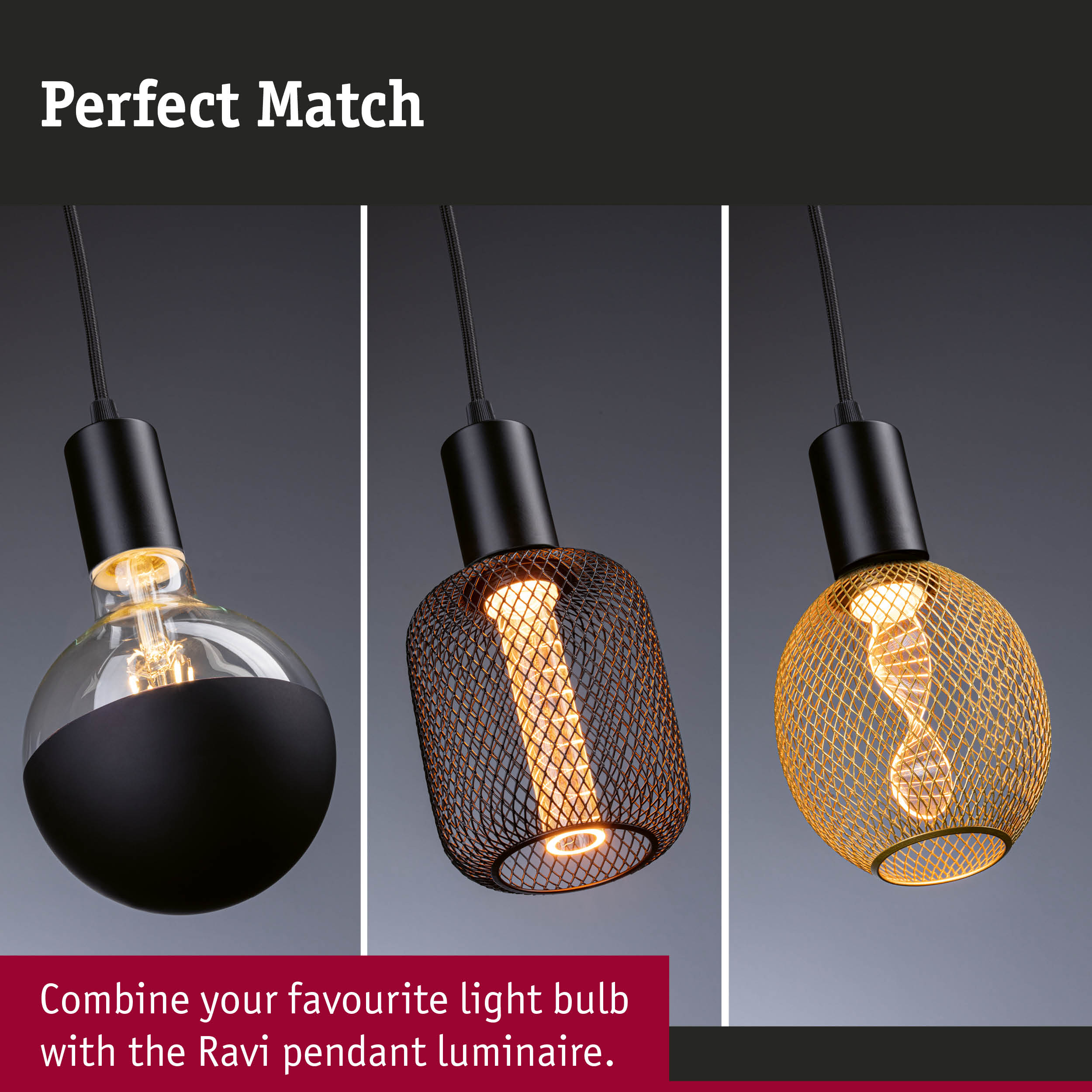Three black pendant lights with different bulbs and wire mesh shades in black and gold finish