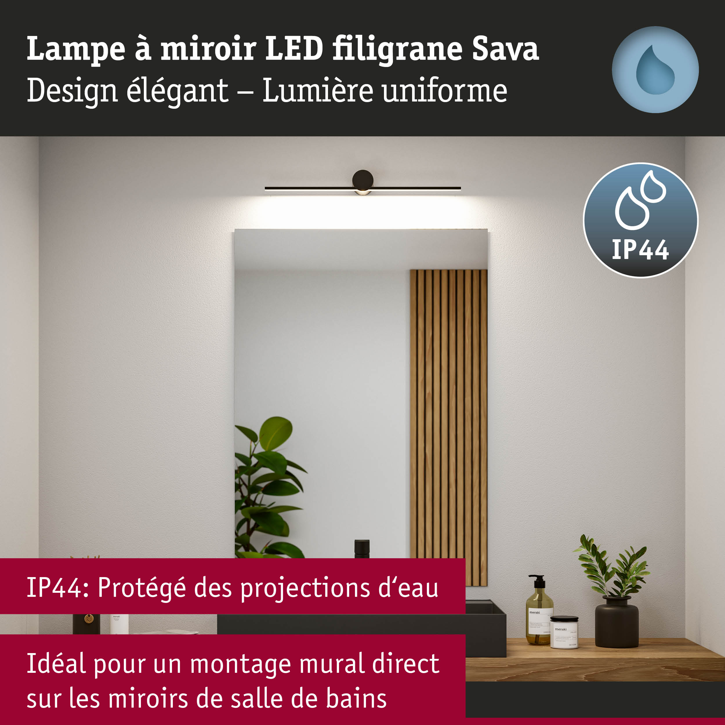 Lampe LED filigrane noire Sava avec protection IP44, idéale pour miroir de salle de bains