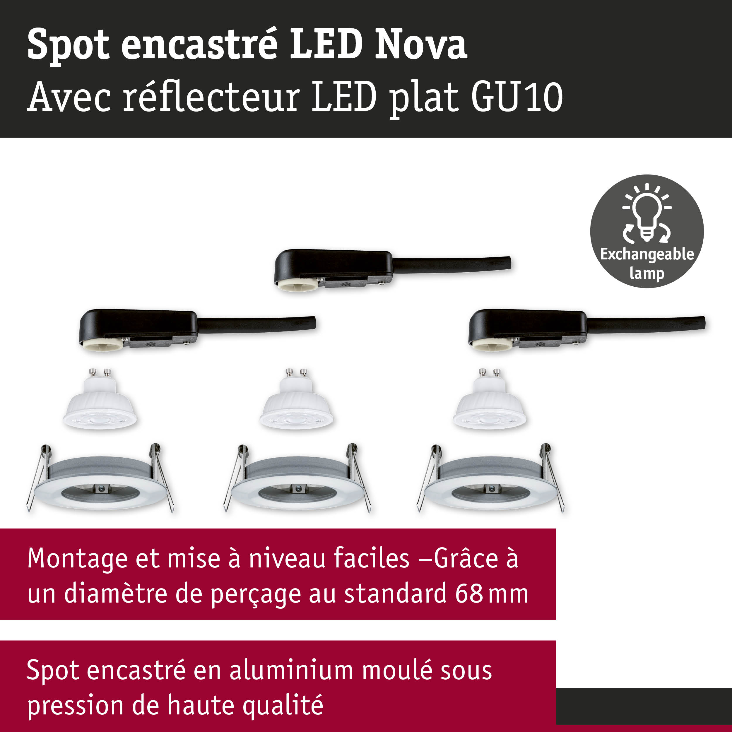 Spot encastré LED Nova en aluminium blanc avec douille GU10 et lampe interchangeable
