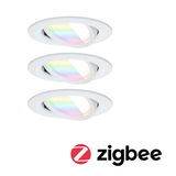 Drei weiße LED-Einbaustrahler mit RGB-Farbwechsel und Zigbee-Funktion für smarte Beleuchtung.