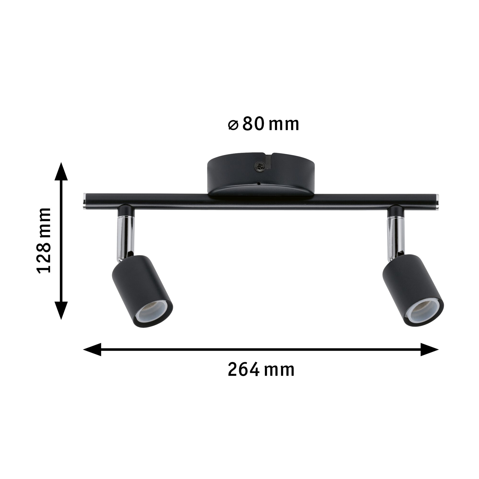 Black metal LED ceiling light with two adjustable spotlights measuring 264x128 mm