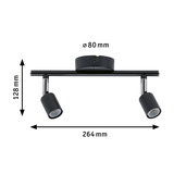 Black metal LED ceiling light with two adjustable spotlights measuring 264x128 mm
