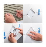 Installation of white ceramic LED tile with cable connection on wall tiles using spacers.