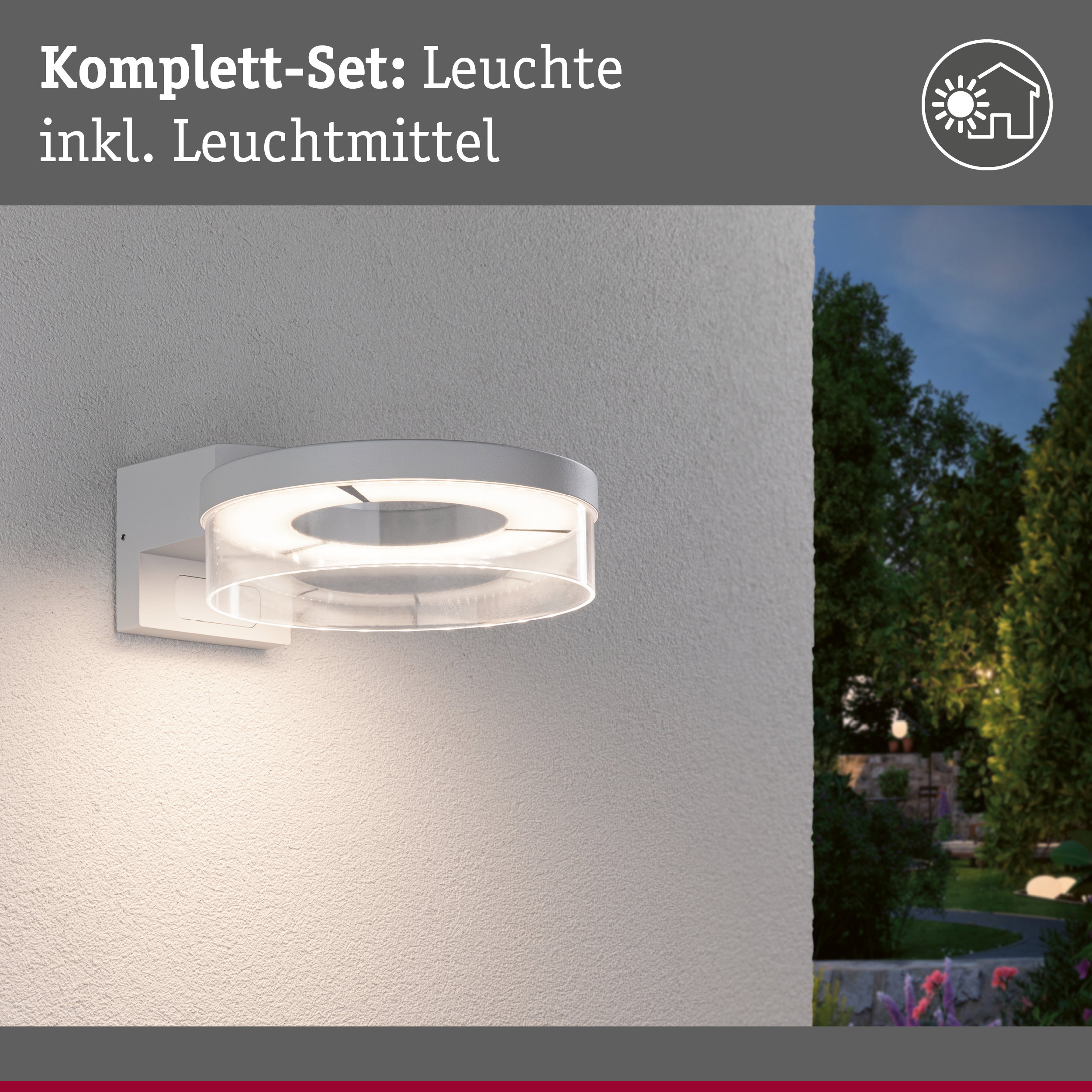 Moderne weiße Außenwandleuchte mit transparentem Glas und integriertem LED-Licht für Gartenbeleuchtung
