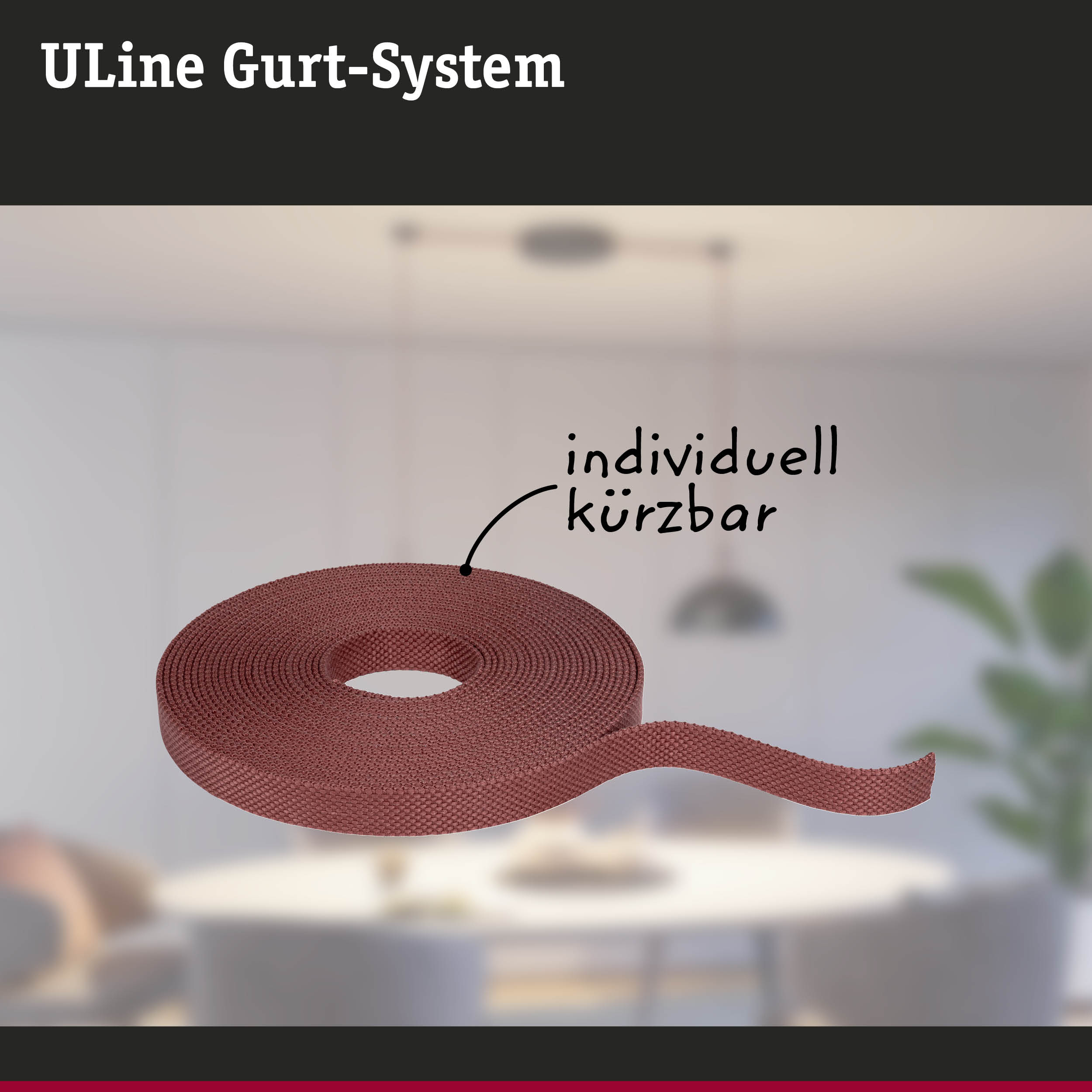 Rotes ULine Gurt-System aus robustem Material, individuell kürzbar für flexible Befestigungslösungen