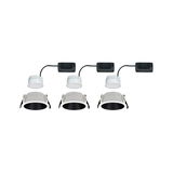 Three white LED recessed spotlights with black interior and black driver box for ceiling installation