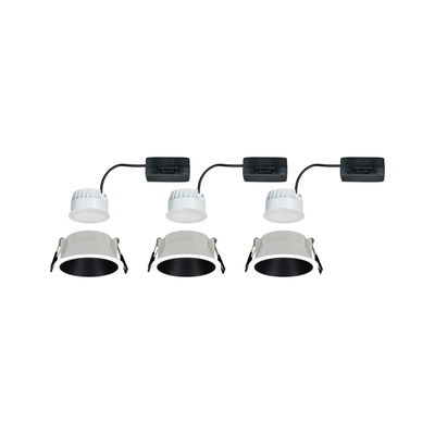 Three white LED recessed spotlights with black interior and black driver box for ceiling installation