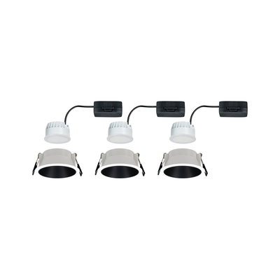 Three white LED recessed spotlights with black interior and black driver box for ceiling installation