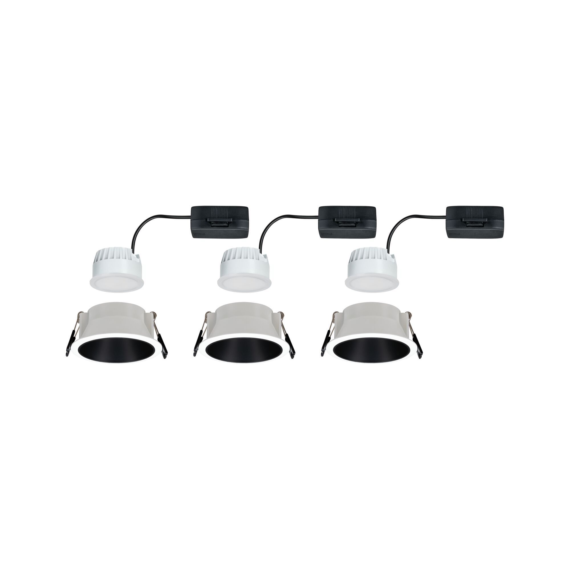 Trois spots encastrés LED blancs avec intérieur noir et boîtier noir pour montage au plafond