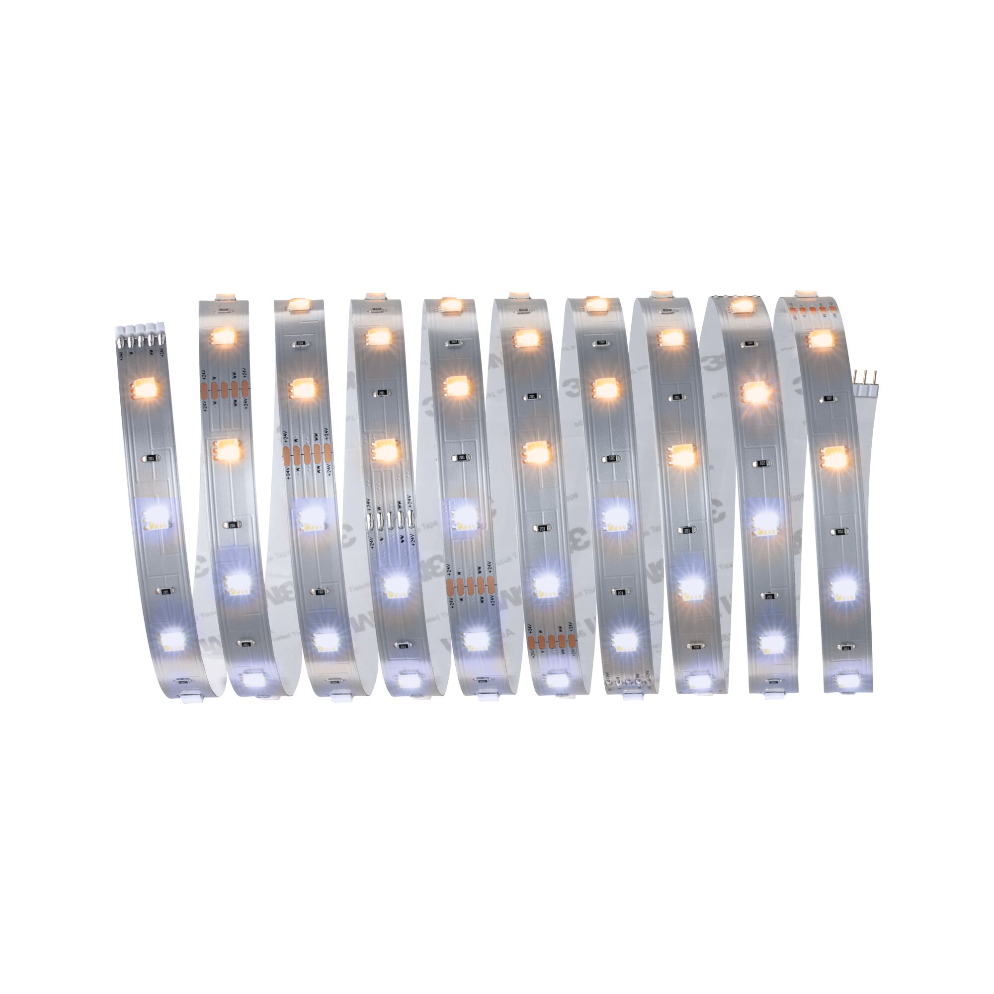 Bande LED flexible avec LEDs blanc chaud et froid sur support argenté pour éclairage polyvalent