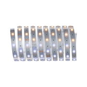 Flexibler LED-Lichtstreifen mit warmweißen und kaltweißen LEDs auf silbernem Trägerband für vielseitige Beleuchtung