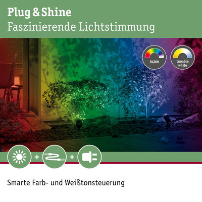 Bunte RGBW-Gartenbeleuchtung mit smarter Farb- und Weißtonsteuerung für stimmungsvolle Außenbeleuchtung