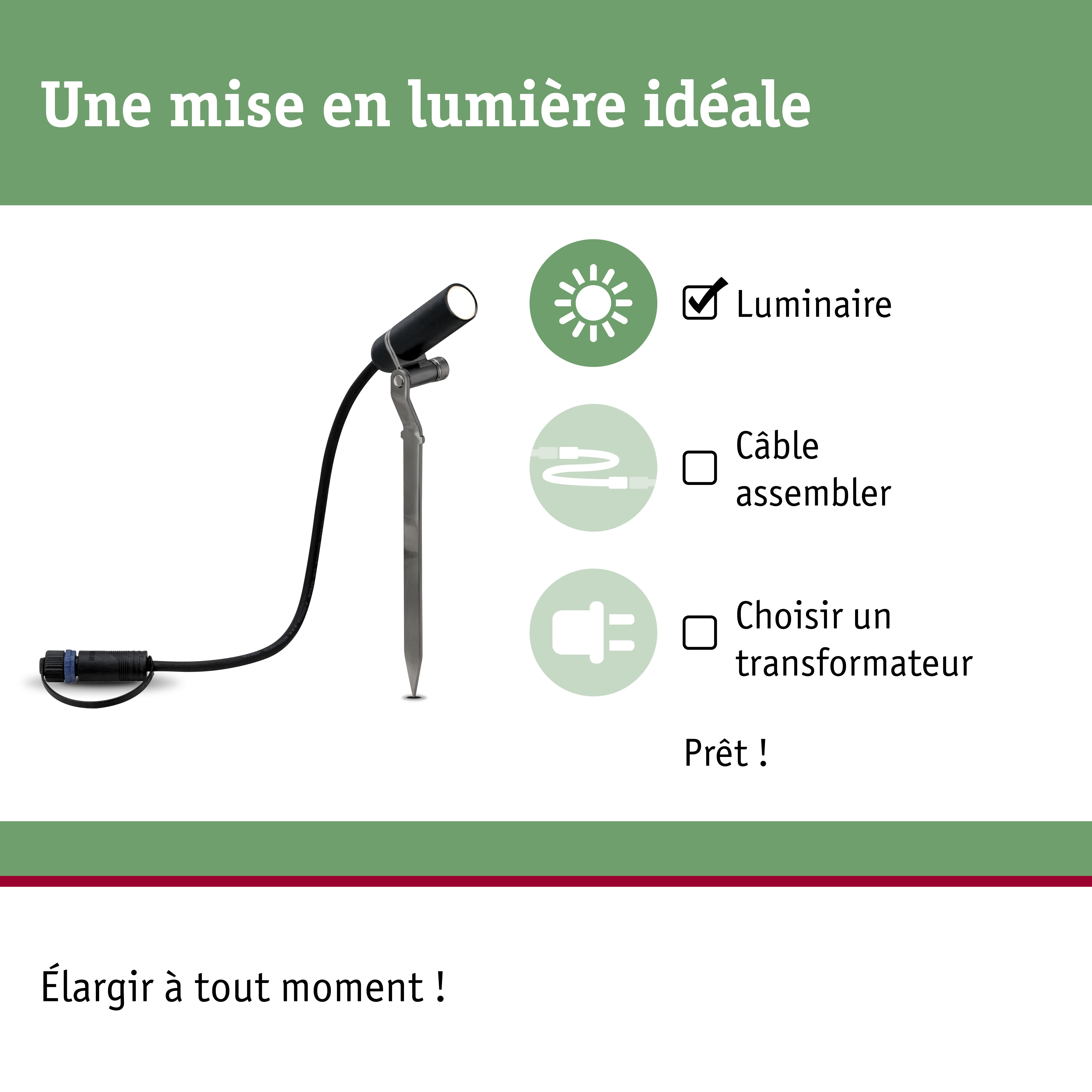Projecteur LED noir avec piquet de terre et câble pour éclairage extérieur et jardin