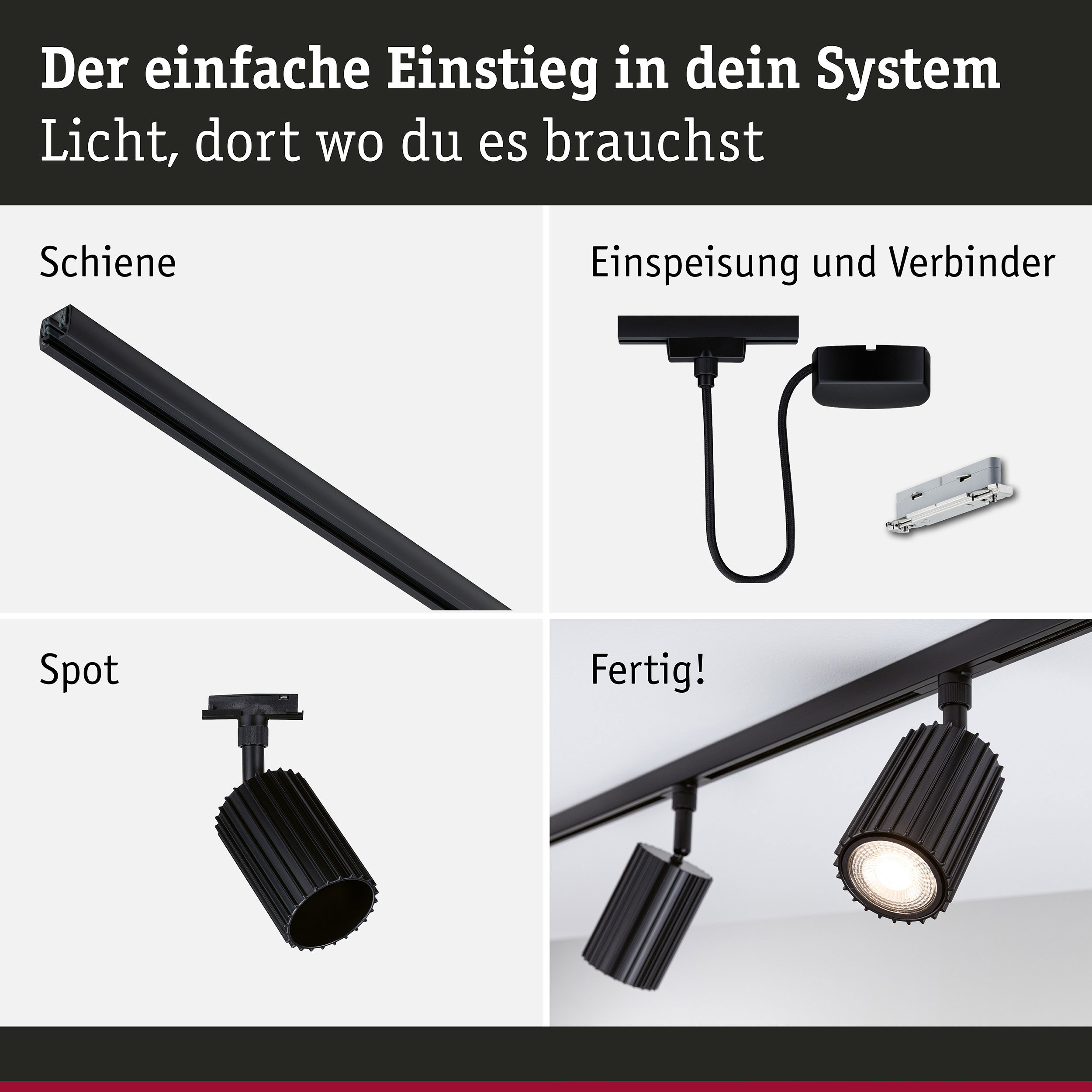 URail Schienenspot Lirena Starterset Kabeleinspeisung GU10 max. 10W 230V Schwarz matt