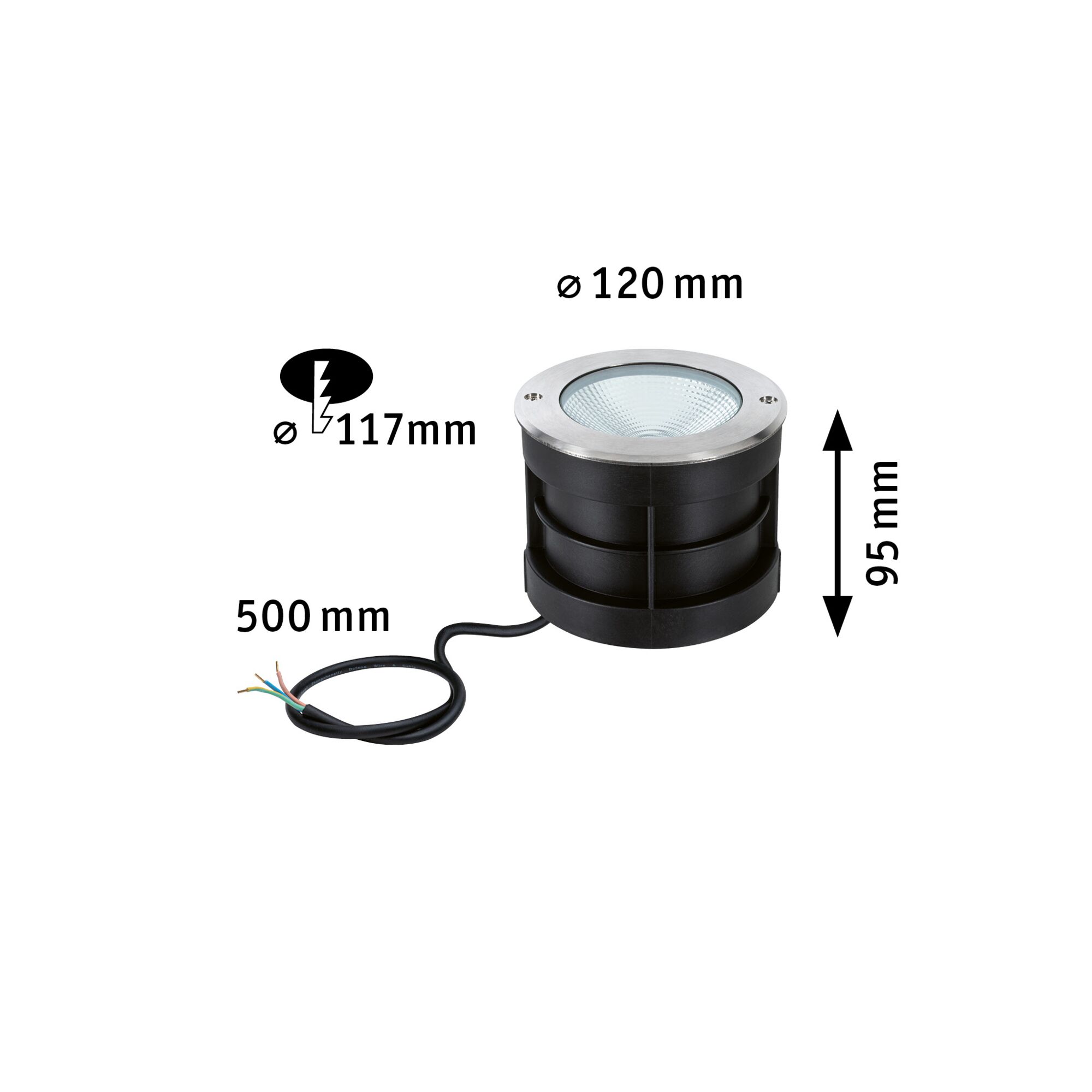 Runder Einbaustrahler aus schwarzem Kunststoff mit Edelstahlrand und Kabel, Maße 120x95 mm, LED-Beleuchtung