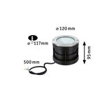 Runder Einbaustrahler aus schwarzem Kunststoff mit Edelstahlrand und Kabel, Maße 120x95 mm, LED-Beleuchtung