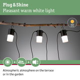 Black Plug & Shine LED lights with warm white glow hanging on branch for garden and terrace lighting