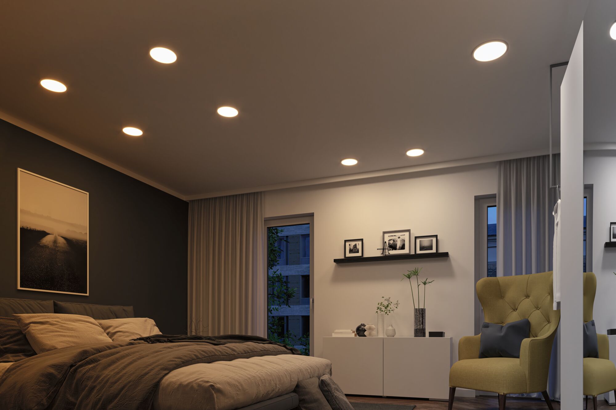 Modern bedroom with warm white LED recessed ceiling lights providing cozy ambient lighting