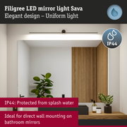 Filigree black LED mirror light Sava with IP44 splash protection for bathroom wall mounting