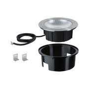 Stainless steel recessed light with black plastic housing and cable for outdoor lighting